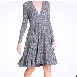 Rebecca Taylor Dress‎ 6 Floral Print Long Sleeve Blue Fit & Flare V- Neck